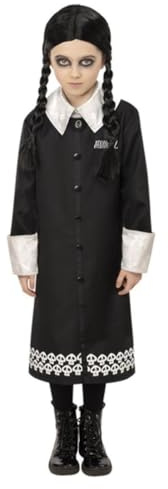 Smiffys The Addams Family Wednesday Child Costume, Black Dress with Skull Pattern and Wig, Officially Licensed Wednesday Addams Costume, Great for Halloween and Themed Events