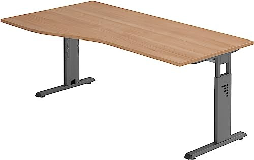 bümö höhenverstellbarer Schreibtisch O-Serie 180x100 cm in Nussbaum, Gestell in Graphit - großer PC Tisch für's Büro manuell höhenverstellbar, Computertisch verstellbar