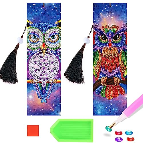 2 Stücke Diamond Painting Lesezeichen Set Erwachsene, DIY Diamant Malerei Lesezeichen Leder, Kinder Bookmark 5D Diamant Painting Bilder Eule mit Kristall Anhänger für Seiten Markierungen