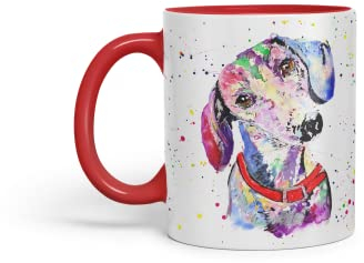 Vixar Dachshund Dog Pet Animals Watercolour Art Coloured Mug Cup Gift Birthday Work Office Tea Coffee (Red)