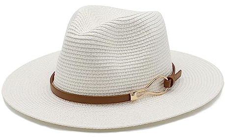 GRFIT Fedora Trilby Filzhut Hut Breitkrempiger Grashut Panama Hut Mit Gerollter Krempe Weicher Hut Strand-Sonnenhut M(56-58cm) Weiß