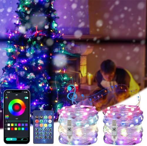 GuKKK Navidad Decoración Luces, 【2 Packs】 10 m 100 LED Guirnalda Luces RGB, Sincronización con Música, USB árbol de Navidad LED cadena de Luces con Smart Bluetooth App Control, Decoración Interior