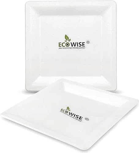 Ecowise square bagasse sugarcane square plates large white Bagasse plates – 50 pack - 10 inch - eco-friendly biodegradable recyclable and compostable tableware for picnics bbqs and parties