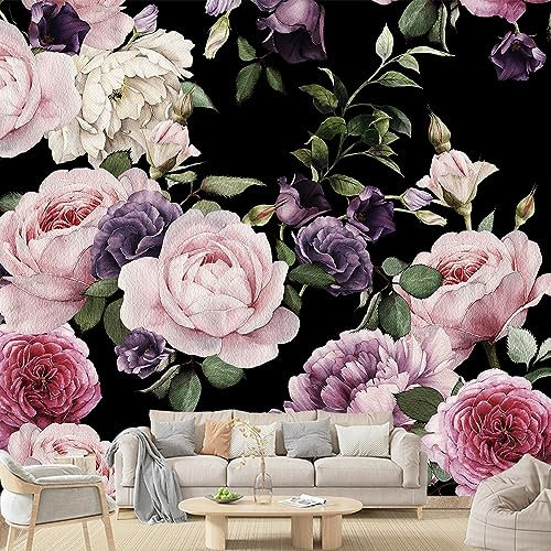 COKCOKR Black Watercolor Floral Wallpaper Pink/Purple Roses Plants Wallpaper Modern Bedroom Fashion Large TV Background Wall Murals Living Room Decoration Mural 151x105 (Self-Adhesive Mural)