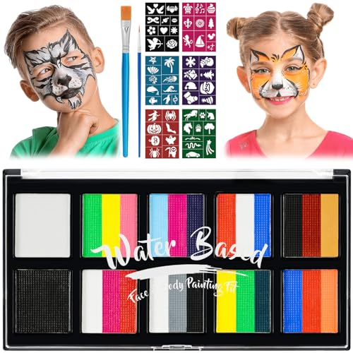 LOPHE Pintacaras Infantil, 26 Banda Pintura Cara Niños con 2 Pinceles y 6 Plantillas, Seguridad Pintura Facial y Corporal para Maquillaje Infantil, Pinturas Niños Halloween Festival Carnava, NK-101C