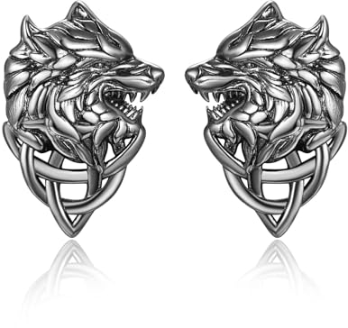 Wikinger-Wolf-Ohrstecker, 925er-Sterlingsilber, Wolfskopf, Valknut-Schmuck, keltischer Wolf, Oxidation, Punk-Ohrring für Männer und Frauen (Schwarzes Gold)