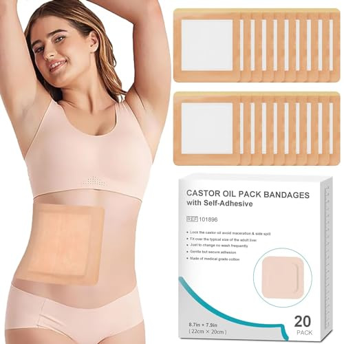 20 Stück Rizinusöl Packung | Hypoallergene Selbstklebend & Auslaufsicher mit Bio-Baumwolle | Waschfrei, Hochabsorbierend Rizinusölpackungen für Entgiftung(Ohne Rizinusöl)