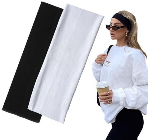 7cm Wide Black Headbands for Women Men, Yedtreg 2pack Fashion Head Bands for Women's Hair, Soft Fabric Stretchy Hair Bands for Makeup, Yoga, Running, Sports (Black/White)