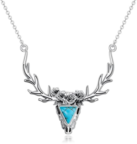 BETHZA Geweih-Halskette 925er-Sterlingsilber echter türkisfarbener Hirschkopf-Anhänger böhmischer Western-Schmuck Geschenke für Frauen