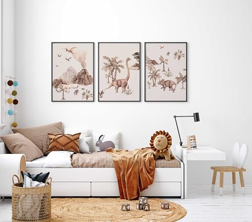 WANDKIND Kinderzimmer Poster Set Premium P789 / Dinosaurierwelt Babyzimmer Wandbild (A3 - Rahmen/Frame Eiche/Oak)