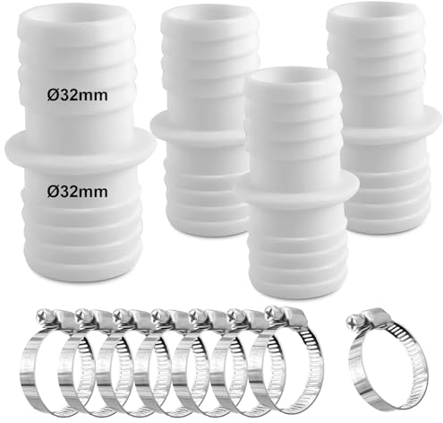 kudmwcc 4 Stück Schlauchverbinder 32mm, Pool Adapter 32 auf 32, Poolschlauchverbinder mit 8 Edelstahl Schlauchschellen