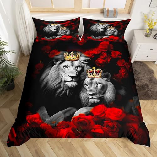 jejeloiu Bettwäsche-Set für Paare, Motiv: Wilde Löwen, volle Größe, für Paare, rote Rose, Blumenmuster, Bettdeckenbezug für Mädchen und Frauen, Liebhaber, goldfarben, King-Size- und Queen-Krone,