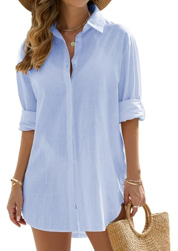 Vancavoo Women's Beach Cover Up Shirts Bikini Coverups Swimsuit Beach Dress Cotton Button Down Casual Long Sleeve Beachwear Loose Cardigan Blouse Tops Swimwear(Blue,M)