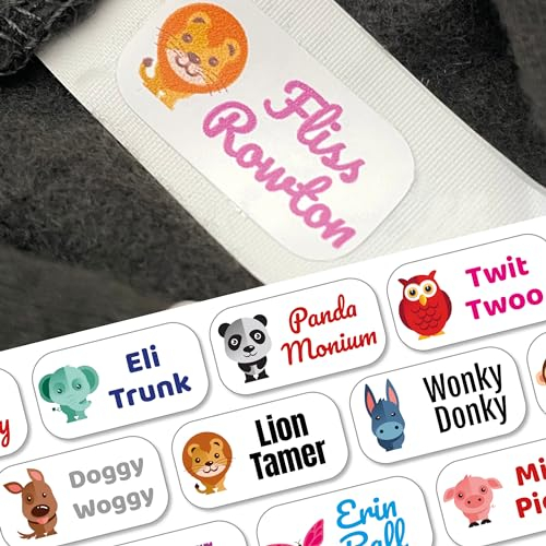 60 Personalised Stick on Name Labels for Clothes with icon. Washable No Iron Clothing Stickers for Kids School Uniform, Children, Care Homes, Nursery and Day Care