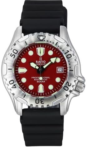 RATIO FreeDiver Professionelle Taucheruhr, Saphirglas, PU-Armband, automatische Taucheruhr, 500 m, wasserdicht, Rot/Ausflug, einfarbig (Getaway Solids), Taucher