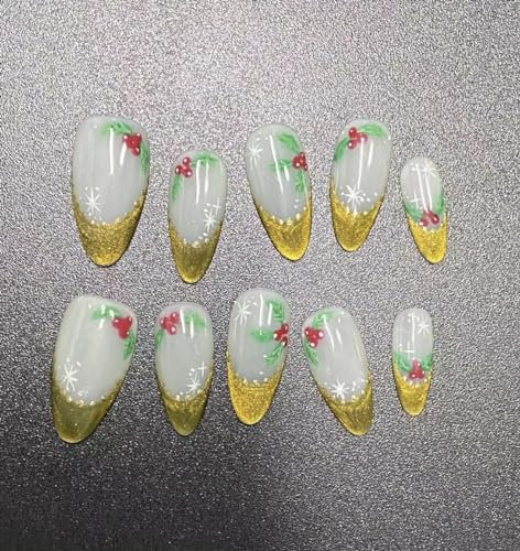Glitter Golden Mistletoe French Tip Medium Almond Simple Handmade Press on Nails for Women Girls,Kawaii Coquette Aesthetic Gel Reusable Fake Nails, Design Thick Strong Acrylic Nails 10pcs (S)