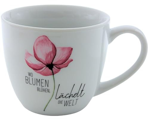 Dekohelden24 Maxi-XXL Kaffeebecher/Tasse aus Porzellan, XXL Kaffeepot, Motiv: Blüte, Wo Blumen blühen, lächelt die Welt, Größe H/Ø: 9,2 x 10,5 cm, Fassungsvermögen 400 ml, Spülmaschinengeeignet.