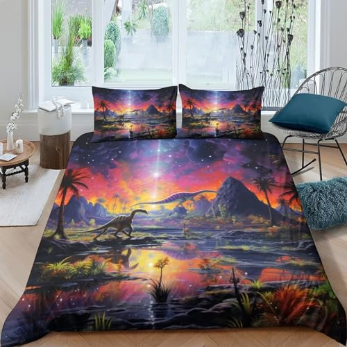 NAHCBIOT Dinosaur World Bettwäsche Set Jurassic Bettbezug Set Für Kinder Jungen Mädchen Weich Atmungsaktiv Microfaser Betten Set Mit Kissenbezug 3 Teilig Sets Double（200x200cm）