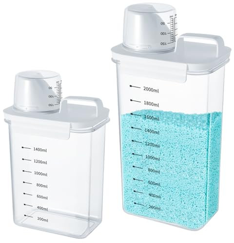 Mucek 2 Stück 1800ml 2300ml Luftdichter Waschmittelspender mit Messbecher, Waschmittel Aufbewahrung,Airtight Detergent Dispenser with Measuring Cup,Waschmittelbox für pulver,Waschpulverspender