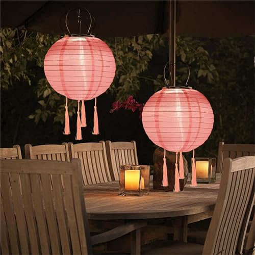 Lampions Solar Außen Wetterfest, 2 Stück Nylon Led Lampions Outdoor Solar Gartenlaterne Solarlampions für Außen Hängend Warmweiß mit Fransen für Garten, Hof, Terrasse, Hochzeit (30cm/Rosa)