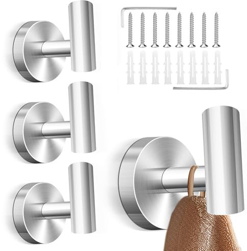 wiipara 4 Stk. Handtuchhaken zum Bohren, Stilvolle Kleiderhaken Edelstahl Garderobenhaken, Handtuchhalter Rostfrei Badezimmer Haken Wandhaken - Tragkraft bis zu 10kg, Ideal für Bad Küche (Gebürstet)