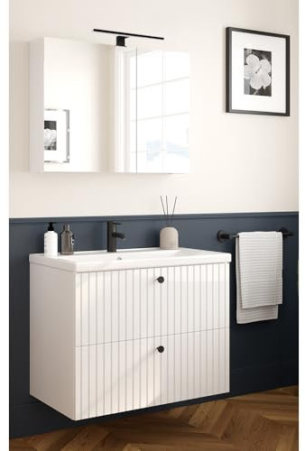 Lomadox Waschplatz Set Badezimmer Waschtisch Unterschrank 80cm Hochglanz weiß Rillen Keramik Waschbecken Spiegelschrank Beleuchtung