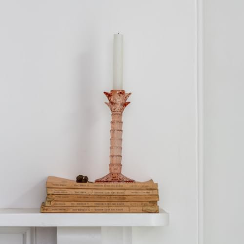 Red Glass Candle Stick, Rose Glass Candlestick, Red Glass Palm Tree Shaped Candle Holder, Tall Clear Red Glass Dinner Candlestick, Taper Vintage Style Candle Holder, Montebello Clear Glass Candlestick