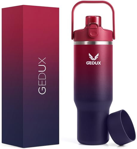 GEDUX 1000ml Edelstahl Tumbler mit Griff und Strohhalm, Vakuumisolierte Wasserflasche mit 2-in-1 Deckel (Schluckdeckel/Straw Deckel) und Silikonboden