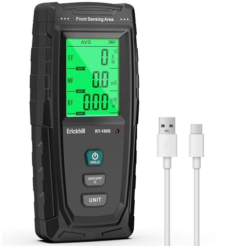 ERICKHILL EMF Messgerät RT-100S, EF/MF/RF-Prüfung, wiederaufladbarer magnetfeld, digitaler/Grafik-Dual-Interface-Strahlungsdetektor, digitaler LCD-Bildschirm, für Zuhause, Büro, Outdoor
