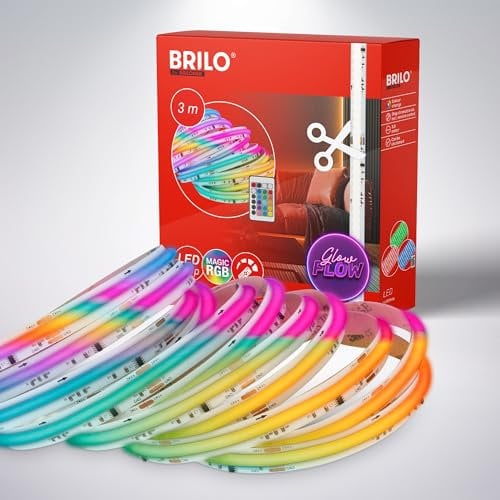 BRILONER - COB LED Strip 3m mit Fernbedienung, RGB IC dynamischer Farbwechsel, Selbstklebend, hohe Dichte, LED Streifen, Zimmer Deko, Gaming, Band, Party Deko, Lichtband, Weiß