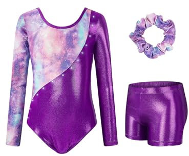 Gogokids, Completo da ginnastica bambina composto da tre pezzi, body senza maniche, pantaloncini e fascia per capelli, tuta danza classica scintillante, con design a colori sfumati, dai 3 ai 12 anni