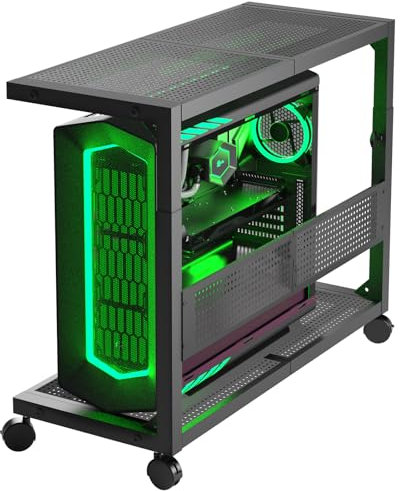 Moricher Supporto a torre per computer, regolabile in altezza, a 2 livelli, ATX, supporto per stampante da pavimento, con ruote girevoli e tappetino per mouse, accessori da gioco per casa e ufficio