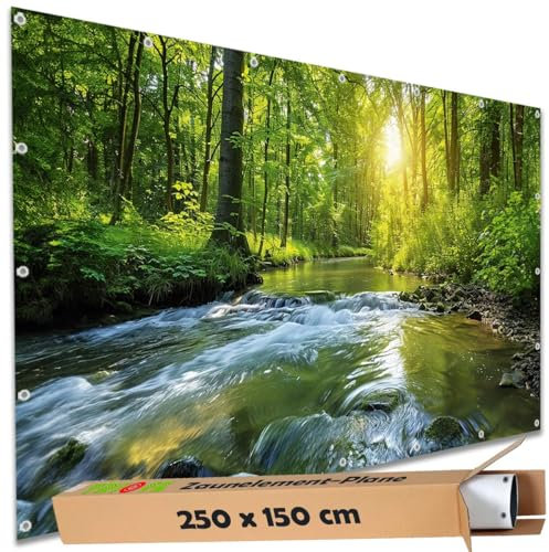 TRIOSK Sichtschutz Garten Deko Zaun Plane Blickdicht groß mit Zaunblende Motiv Wald Bach Wasser Baum für Balkon Terrasse Zaunelement Doppelstabmatten Gartenzaun PVC 250x150 cm