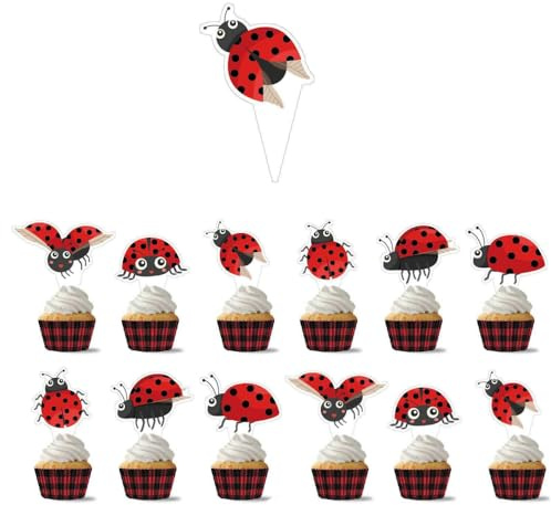 MHDAMAI Cake Toppers,Ladybug Tasse Kuchen Toppers Zahnstocher Flaggen 12 Stück Kuchen Cupcake Topper für Kinder Baby Party Geburtstag Party Kuchen Dekoration