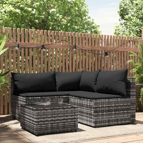 Teenpull 4-TLG. Garten-Lounge-Set, Grau Poly Rattan, Kissen Anthrazit, Modernes Outdoor-Sofa-Set mit Couchtisch, Witterungsbeständig & Modular für Terrasse & Balkon