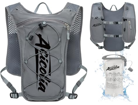 Acicolia Running Vest With 1500ml Water Bladder, Lightweight Reflective Hydration Vest Backpack for Marathons Trail Running Cycling Hiking (Grey, One Size)