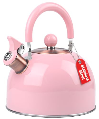 Rixordd 2.6 Quart Pink Whistling Tea Kettle, tea pot, Stainless Steel, Cool-Touch Handle, Loud Whistle, 7.48-inch Base, Induction Compatible
