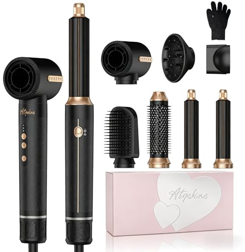 Atopskins 7 in 1 Air Styler Haarstyler Set 110000 U/Min Föhn mit Diffusor | Föhn mit Diffusor 1400W Hair Dryer Hairstyler Rundbürstenföhn Aiflow Lockenstab Glätteisen Volumisieren Locken und Glätte