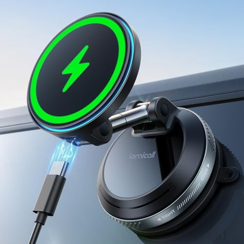 Lamicall for MagSafe Car Mount Charger, 15W Magnetic Wireless Car Charger, 70 Lbs Vacuum Suction Cup Phone Mount 360° Adjustable with Dual USB-C Ports, for iPhone 17 Pro Max 16 15 14 13 12 - Black