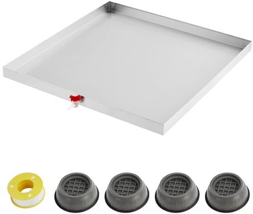 Garvee Washing Machine Pan, 60 x 60 cm Stainless Steel Washing Machine Drain Pan with 4 Pcs Anti-Vibration Floor Protector Non-Slip Feet, Heavy Duty Washer Tray for Dryer, Dishwasher, Refrigerator