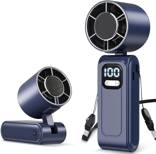 Ventilador de Mano Potente, Ventilador Portátil con Pantalla LED – 16000 RPM, Batería 5000mAh Hasta 15h, 5 Velocidades + Control Continuo 0-100%, 3 en 1, Plegable para Viaje Oficina Playa