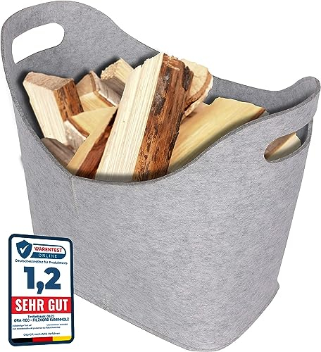 ORA-TEC Filzkorb für Kaminholz Kaminholzkorb – 45 x 24 x 40 cm – Kaminholztasche für Feuer-, Kamin- und Brennholz, Allzweckkorb aus Filz, Filztasche (Grau)