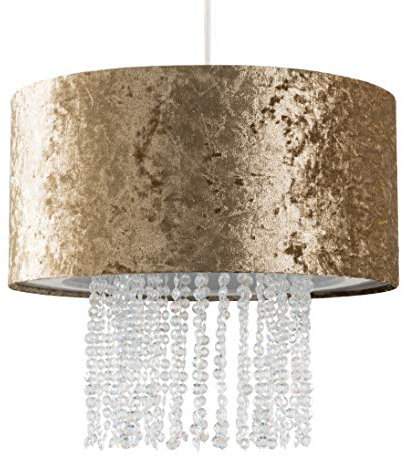 MiniSun | Modern Gold Velvet Cylinder Ceiling Pendant Light Shade with Clear Acrylic Droplets | Pendant Lights, Home Décor & Improvement Essential