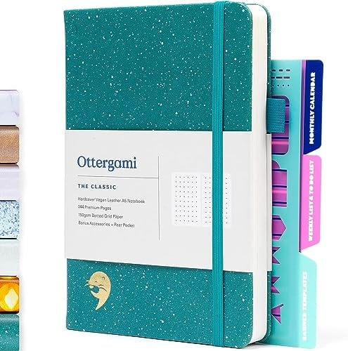 Ottergami Bullet Journal Notizbuch Gepunktet, Hochwertiges, Dickes Papier mit 150 G/M², Classic A5 Dotted Bulletjournal, Vorgedruckten Punkten und Zusätzlichen Schablonen
