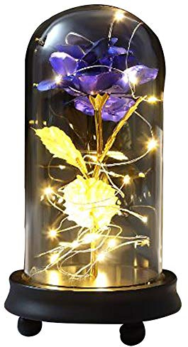 Valentinstag Rose Blume Lampe Blattgold Glas Lampenschirm LED Warmes Licht Mit Handgefertigten Künstlichen Blumen Geeignet Für Hochzeitsdekoration Zusammen DIY Geschenke Für Paare Jubiläum (Blau)