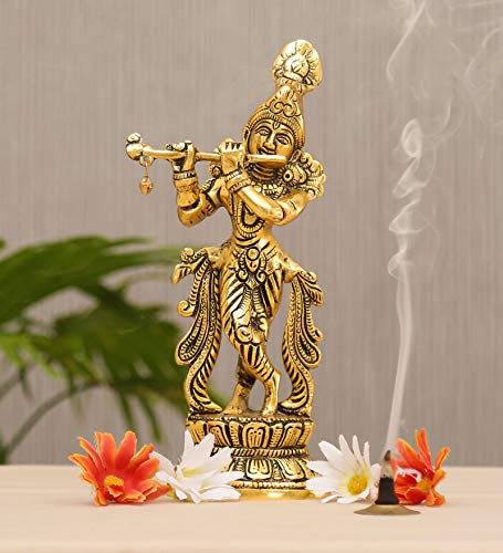 KridayKraft Lord Krishna Metallstatue, Krishna Murti spielt Flöte für Tempel Pooja, dekorieren Sie Ihr Zuhause, Büro und verschenken Sie Ihre Verwandten, Schaustück-Figuren, religiöses Idol,