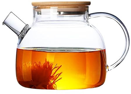 JOUALY Teiera in vetro da 34 once/1000 ml, adatta per stufe e microonde, teiera trasparente con colino, teiera in vetro con coperchio in legno per foglie sfuse, tè alla frutta e tè profumato