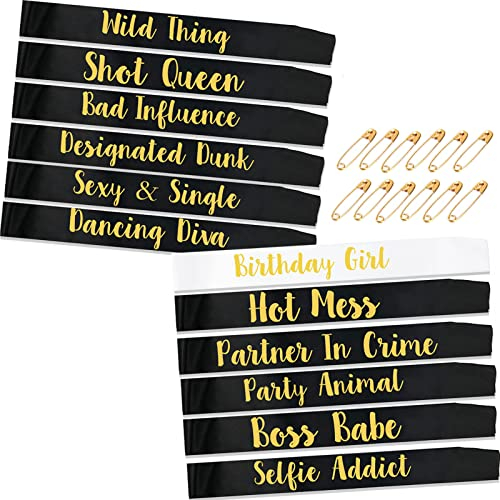 TEUVO 12St Birthday Sashes Geburtstag Schärpe zum Frau und Mädchen, 1St Weiß Geburtstag Schärpe & 11St Schwarz Gruppe Schärpen zum Geburtstag Party Accessoires Geschenke Gruppe Gefälligkeiten Zubehör