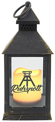 WB wohn trends Kunststoff-Laterne mit LED-Kerze & Timer, Ruhrpott Förderturm, schwarz 24x10,5x10,5cm, Batterie LED-Licht LED-Laterne LED-Lampe mit Text Spruch