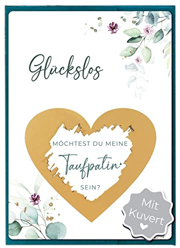 Joli Coon Rubbelkarte Taufpatin fragen mit Kuvert | 350g Designerpapier, fühlbare UV-Lack-Veredelung, grünes Steckkuvert mit goldenem Herz, Premium-Papeterie